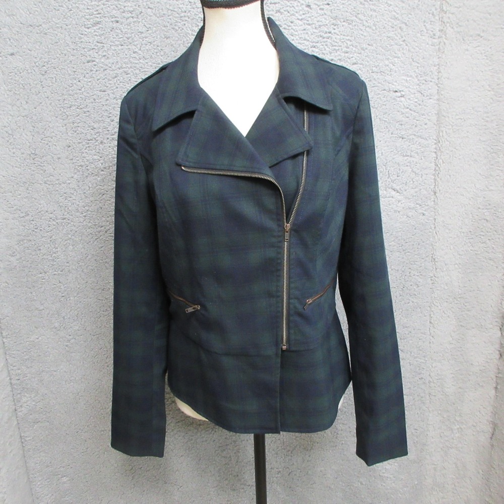 CAbi Moto Jacket Womens 6 Green‎ Plaid Motorcycle Preppy City Casual Work